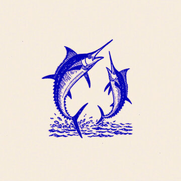 A tuna fish and a swordfish playing together, on white background