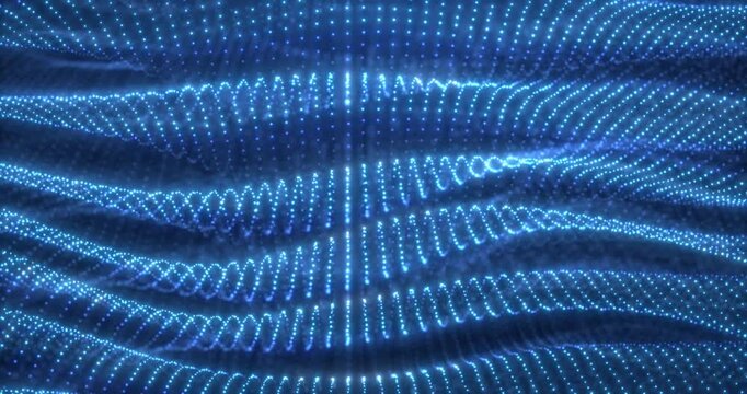 Blue glowing dots forming flowing wave surface, abstract digital motion with depth, futuristic technology background, smooth lines and dynamic energy pattern.