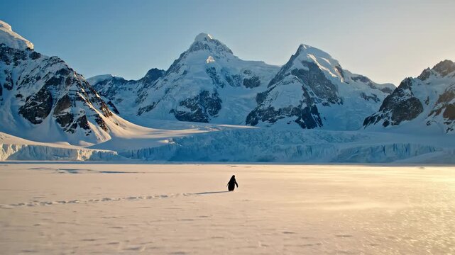 A solitary chinstrap penguin stands on the vast frozen snow of Antarctica during the golden hour.