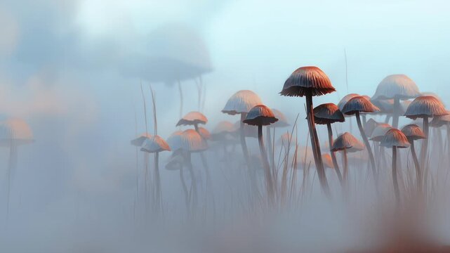 Mystical mushrooms growing in foggy forest with soft light and dreamy atmosphere