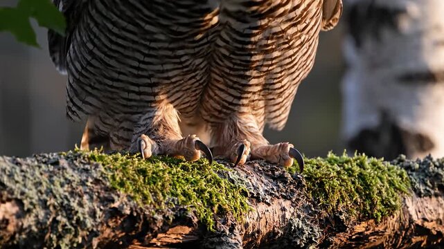 A majestic great horned owl perched on a mossy log in a birch forest at sunset.