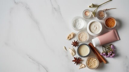 Obraz premium Natural ingredients skincare products arranged artfully on a marble surface promoting wellness and beauty routines