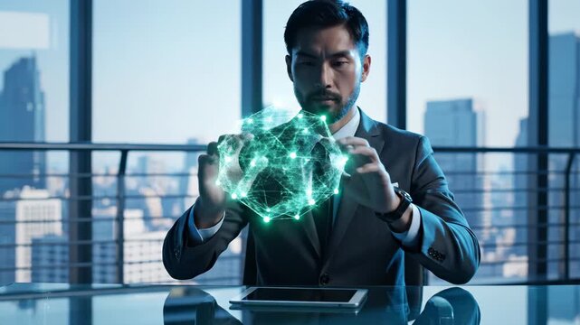 Businessman interacts with holographic globe network in modern office. Man touches holographic world map with digital connections. Professional explores holographic global network visualization displa