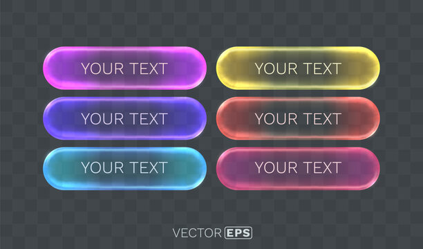 Set of colorful glowing glass buttons with transparent background for modern UI design.