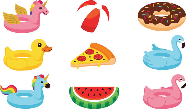 Inflatable pool floats set with unicorn, flamingo, duck, donut, pizza, and beach ball illustrating summer vacation fun, water recreation, and colorful leisure vector illustration