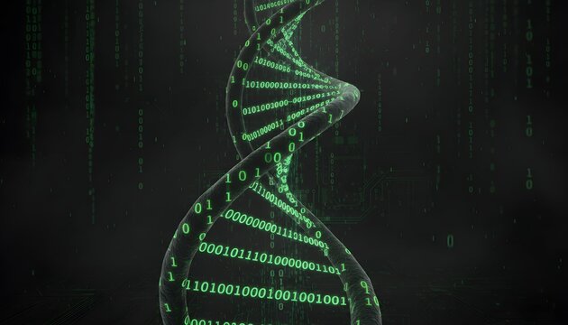 Binary code forms a DNA helix shape in a digital landscape of numbers and data streams