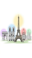 Naklejka premium Stylized illustration of famous Paris landmarks including the Eiffel Tower and Notre Dame Cathedral on white background.