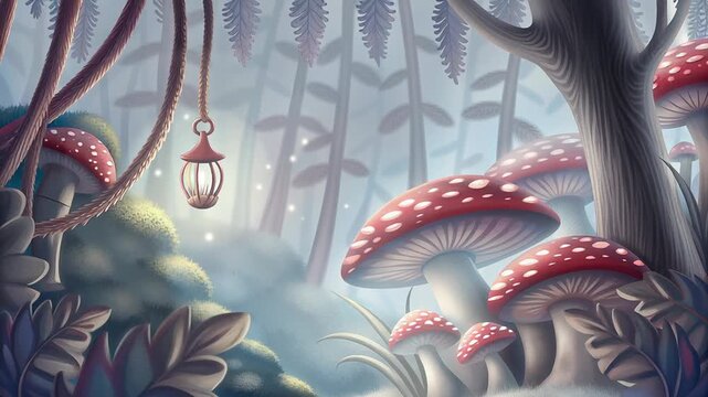 Magical forest scene with glowing lantern and red spotted mushrooms surrounded by mystical plants and trees