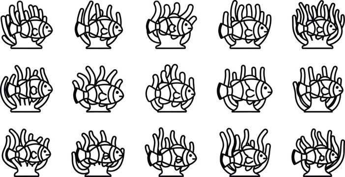 Black and white outline of clownfish in anemones, arranged in a grid ocean