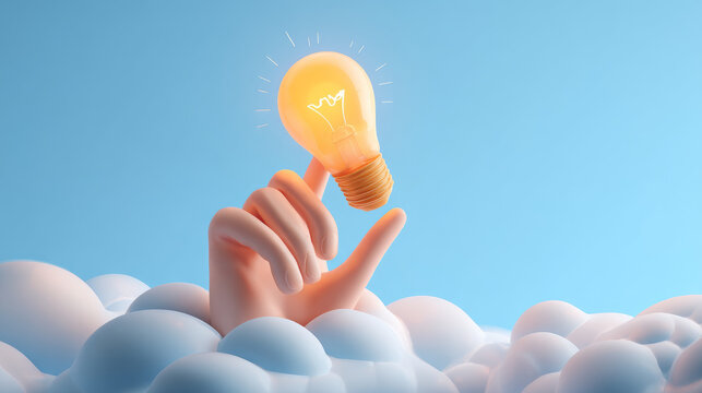 3D Light bulb on thinking cloud. Employee hand with genius business idea. Plan strategy and solution concept. Success in work. Cartoon creative design banner isolated on white background. 3D Rendering