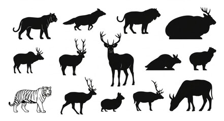 Collection of Diverse Animal Silhouettes and a Tiger Illustration. © Anggita