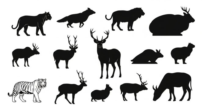 Collection of Diverse Animal Silhouettes and a Tiger Illustration.
