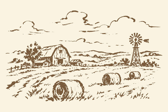Farm landscape with barn and windmill vintage vector illustration