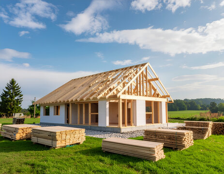 Timber frame house under construction on sunny rural site.