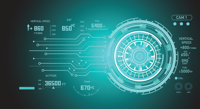 Futuristic teal aircraft h display (HUD) with digital gauges showing altitude, vertical speed, and fuel status on a high-tech circuit board interface.