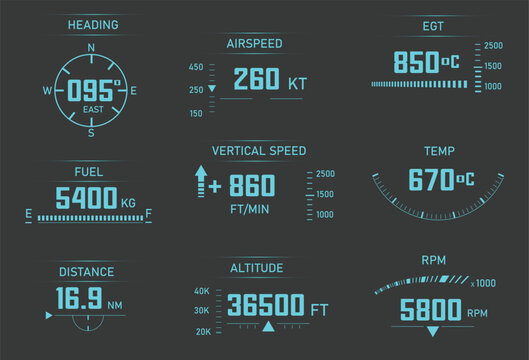 Futuristic Digital Aircraft Cockpit Instrument Panel HUD Display with Advanced Avionics Showing Heading Airspeed Altitude Fuel RPM Vertical Speed Temperature Distance and Flight Parameters