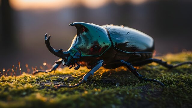 Silhouette of a dark metallic rhinoceros beetle on moss during sunset golden hour