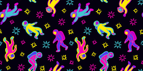 Fototapeta premium seamless pattern with neon cosmonauts and stars on black background funky space doodle ornament for textile wallpaper and print