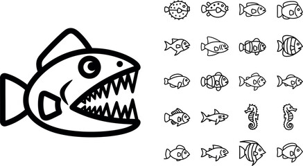 Collection of black and white cartoon fish including a large piranha and various smaller sea creatures © GR Graphics