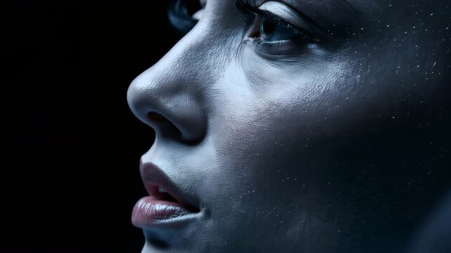 極近接の横顔に精密な脳ホログラムが重なるディテール