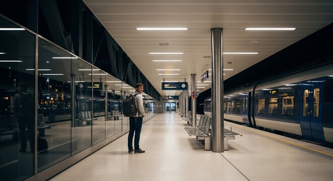 A lone man stands on a modern subway platform, waiting for a train to arrive.