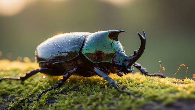 Extreme close-up of a rhinoceros beetle horn and head on a mossy background