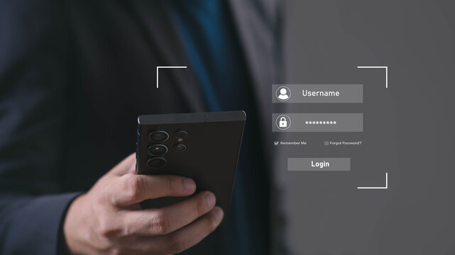 Business professional using smartphone with secure login interface showing username and password authentication, representing cybersecurity protection, data privacy, and digital identity verification.