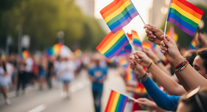 Close-up of hands holding rainbow flags at a pride event, symbolizing diversity, equality, and LGBTQ+ rights with a festive atmosphere