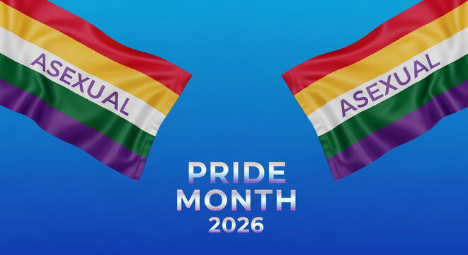 Two asexual pride flags wave against a gradient blue background with "PRIDE MONTH 2026" text, symbolizing identity and celebration