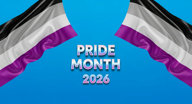 Waving asexual pride flag elements frame the text Pride Month 2026 on a blue background, symbolizing pride and celebration.