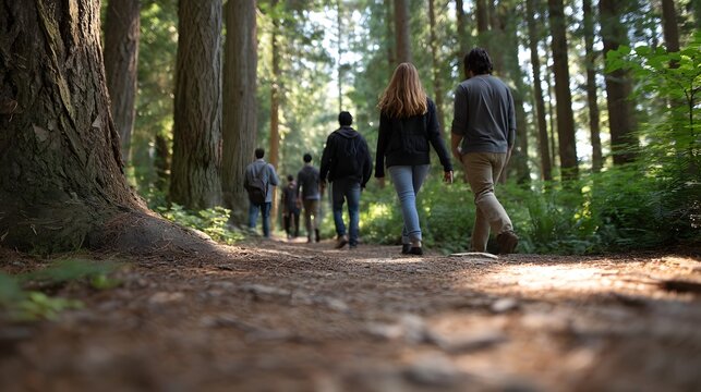 A group of friends enjoying a leisurely walk down a sun d d path through a lush forest