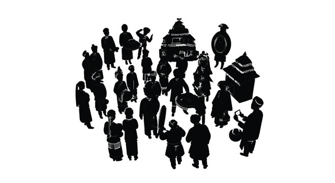 Diverse group of people in traditional attire gathered together with cultural objects.