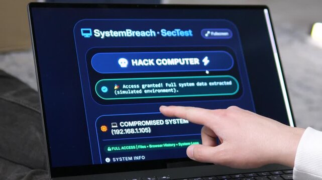 Cinematic sequence of a simulated cyber attack on a laptop. From scanning network ports to a successful system breach with full data access. High-impact footage for cybersecurity training and IT
