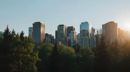 Fototapeta premium Golden hour sunlight illuminates a modern city skyline dramatically framed by dense green forest foliage