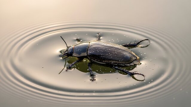 Great Diving Beetle Swimming on Calm Water Surface with Ripples