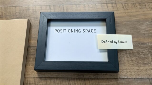 Minimalist Frame on Wooden Surface with Card Displaying the Phrase Positioning Space Defined by Limits for Creative Inspiration and Modern Interiors