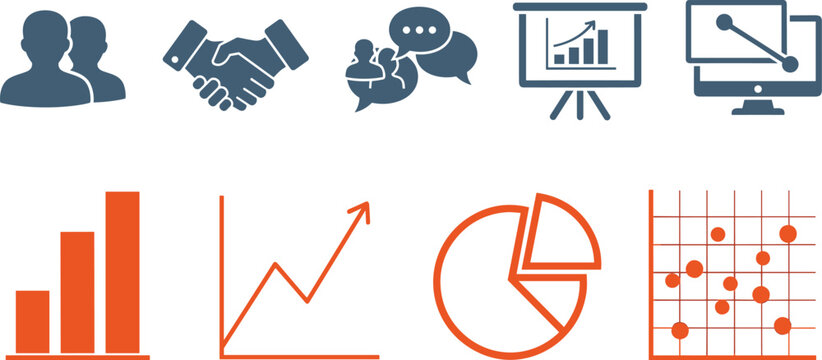 A collection of flat design icons representing business concepts like partnerships communication data analysis and growth high quality professional detailed modern elegant stylish