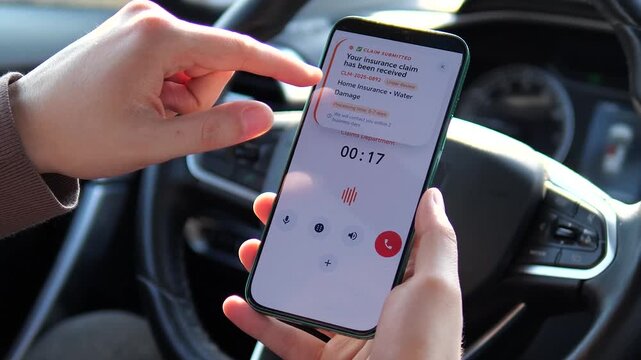 Man submits a home insurance claim for water damage via a mobile app while in his car. Features realistic call interface and successful submission notification. Perfect for fintech, insurance services