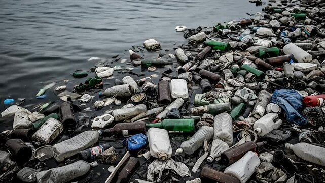 Polluted waters plastic bottles and trash float in dark water near a shore