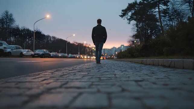 A solitary figure walks along an urban sidewalk at dusk symbolizing a moment of deep reflection and transition amidst city lights
