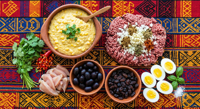 Hyper-realistic top view of Pastel de Choclo ingredients on Mapuche textile
