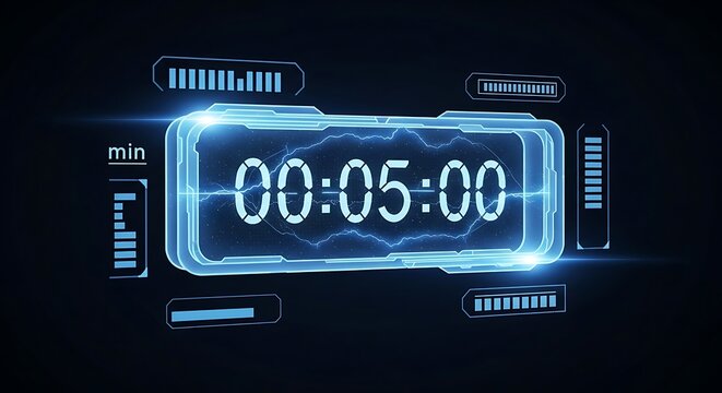 Digital timer displaying five minutes, futuristic technology concept.
