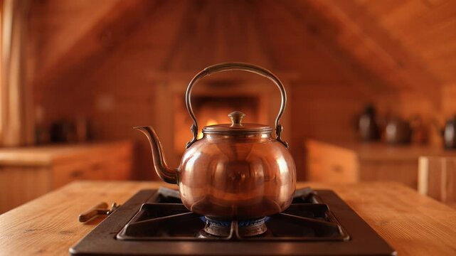 Gleaming Copper Kettle Steaming Gently on a Stove Top in a Cozy Wooden Kitchen
