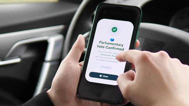 Successful parliamentary vote confirmation on a smartphone. High-quality UI showing democratic party selection recorded securely. Ideal for political news, election results, and digital democracy