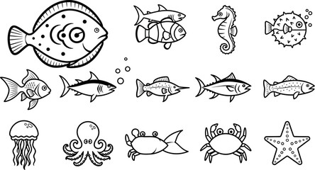 Fototapeta premium Collection of black and white line of various sea creatures and fish ocean marine life outline