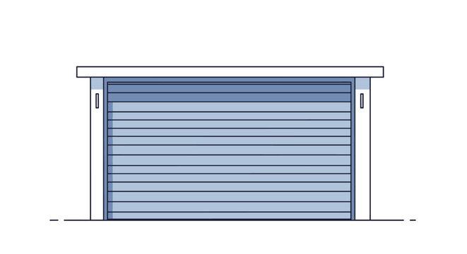 Modern blue rolling shutter garage door is set within a simple white frame as a part of a residential or commercial building design.