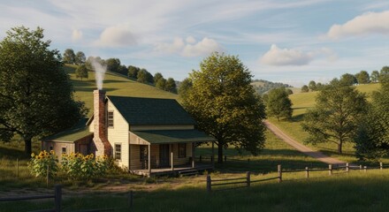 Obraz premium Rustic Cabin in Rolling Hills, Rural Landscape with Smoke from Chimney