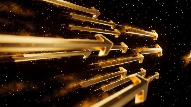 Golden arrows swiftly soaring forward through dark space symbolizing rapid advancement and progress