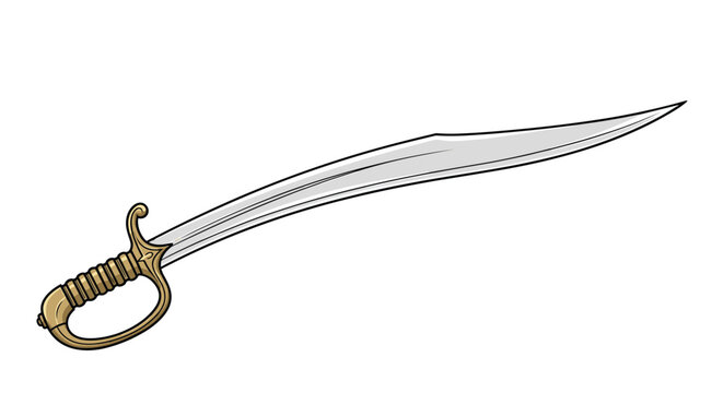 Long curved scimitar sword with a silver blade and an ornate gold hilt in a classic fantasy style for weapon and adventure themed art graphics.