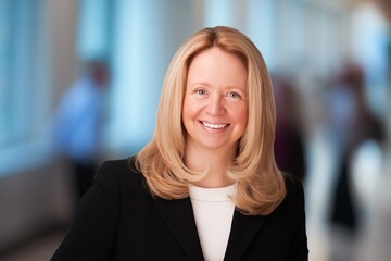 Fototapeta premium Smiling professional businesswoman portrait in modern office environment representing confidence leadership and successful corporate career